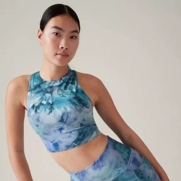 Athleta Conscious Crop Top Printed Bra D-DD+ in Solarize Chrome Blue Size XS - Picture 1 of 9